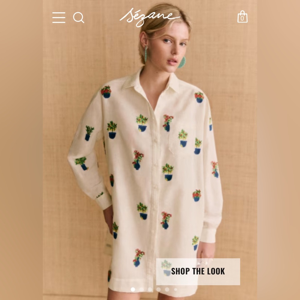Sezane White shirt dress with Colorful Floral Embroidery